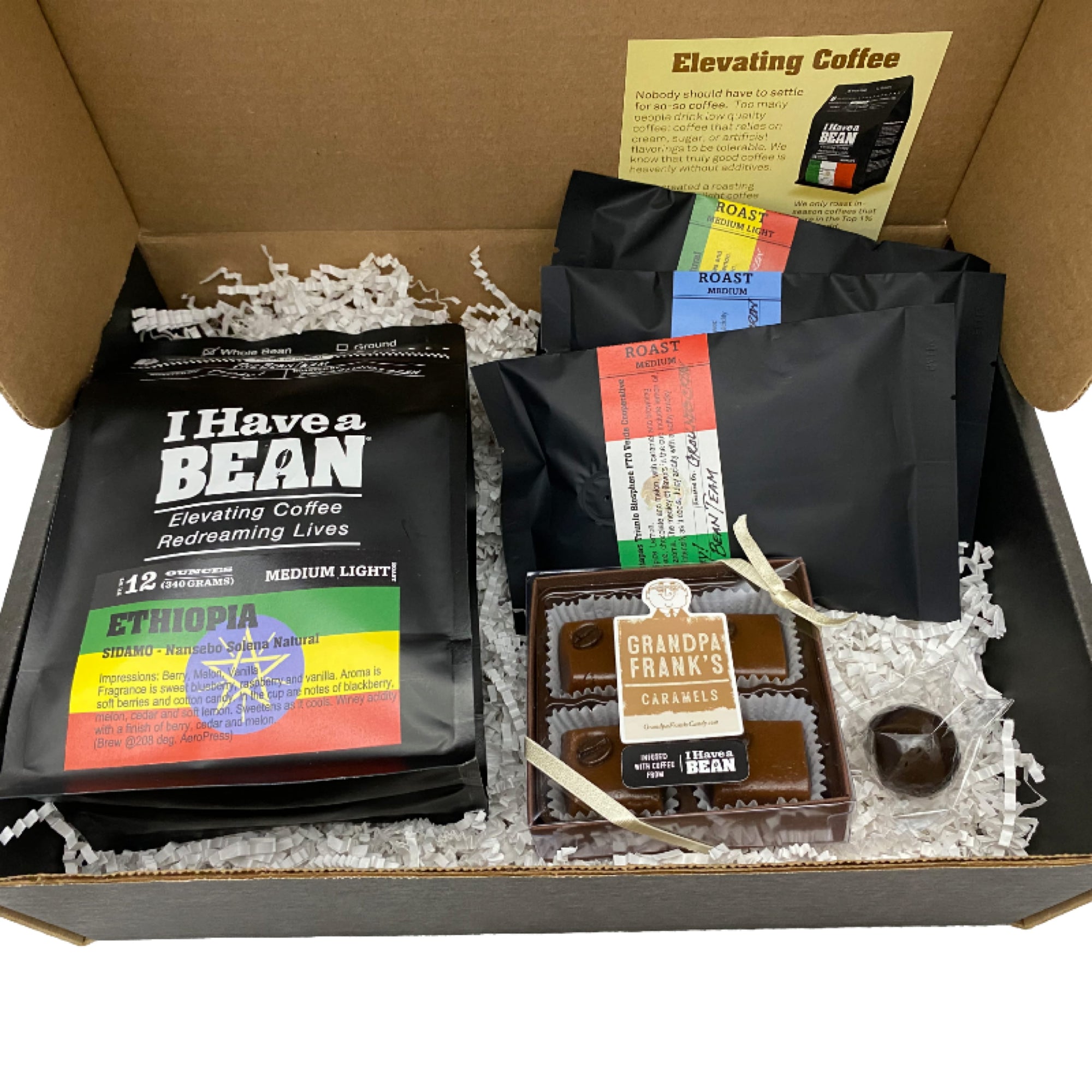 Inside of the Apprentices Gift Box with coffee samples and caramels