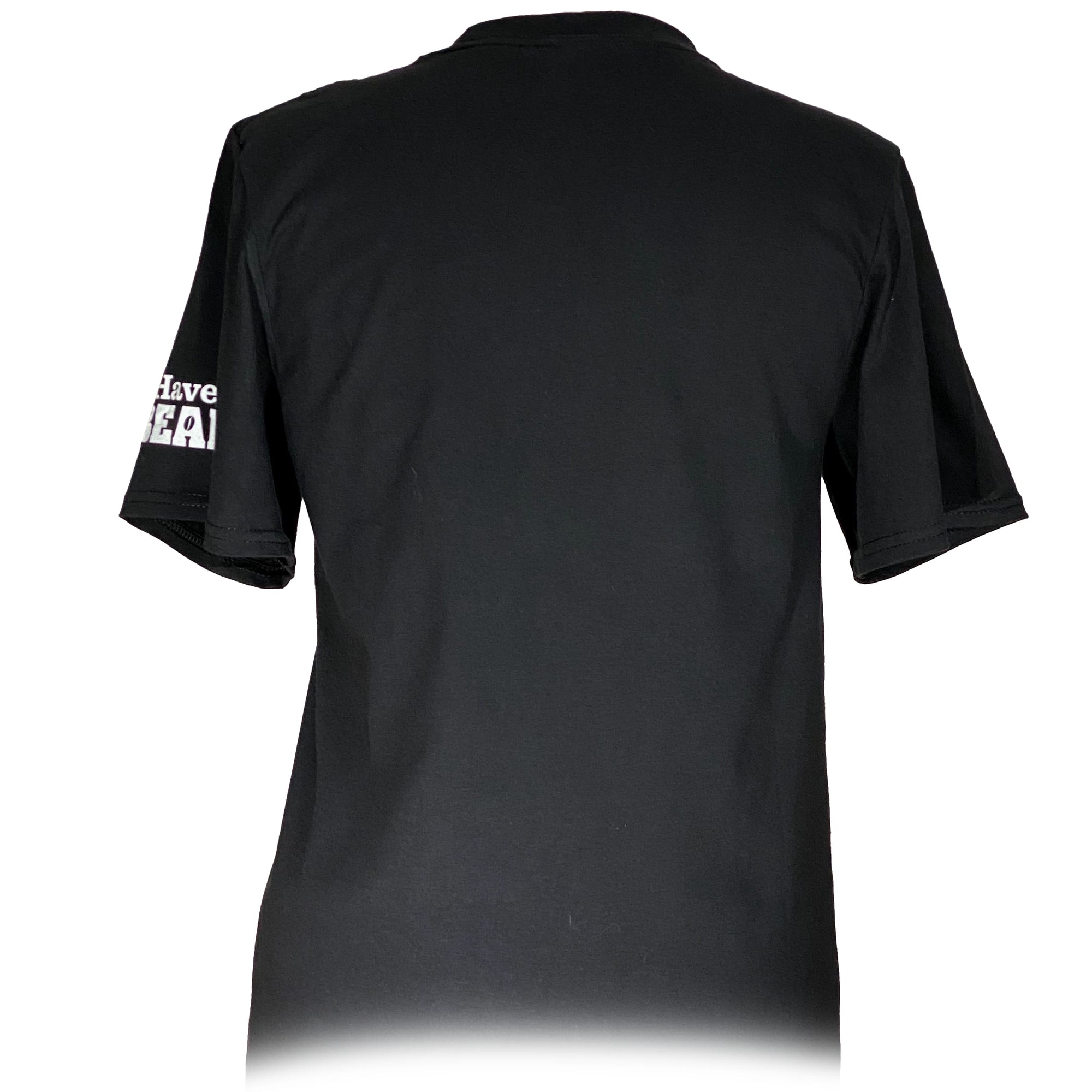 Back view of I Have a Bean 'Caffeine Loading' black t-shirt on a white background