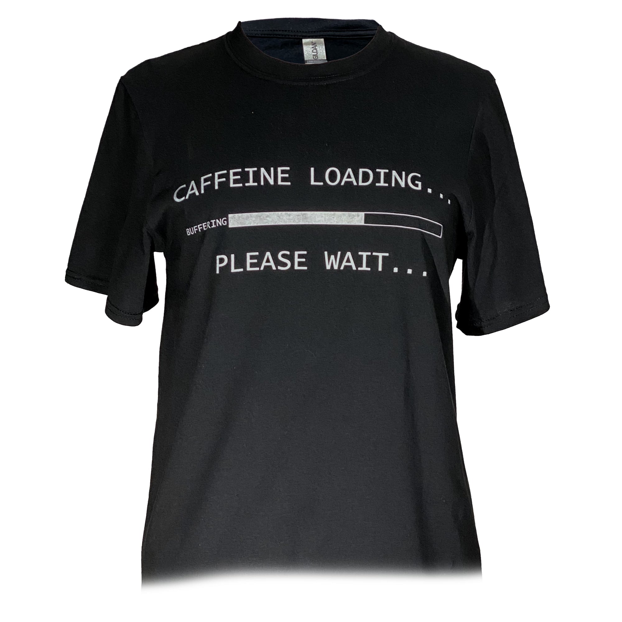 Front view of I Have a Bean 'Caffeine Loading' black t-shirt on a white background