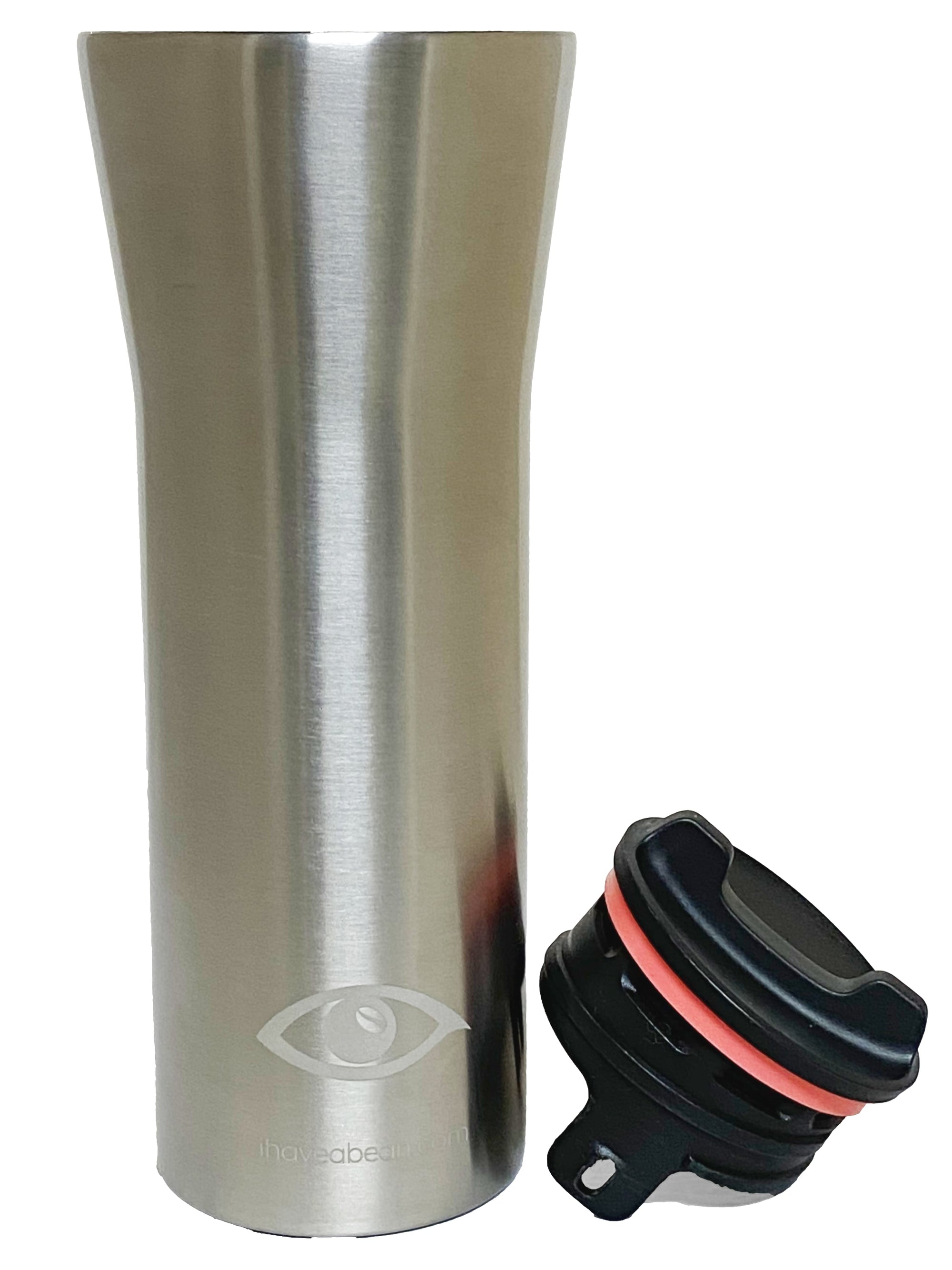 Stainless steel Pakt tumbler with a black lid, designed for travel and temperature control