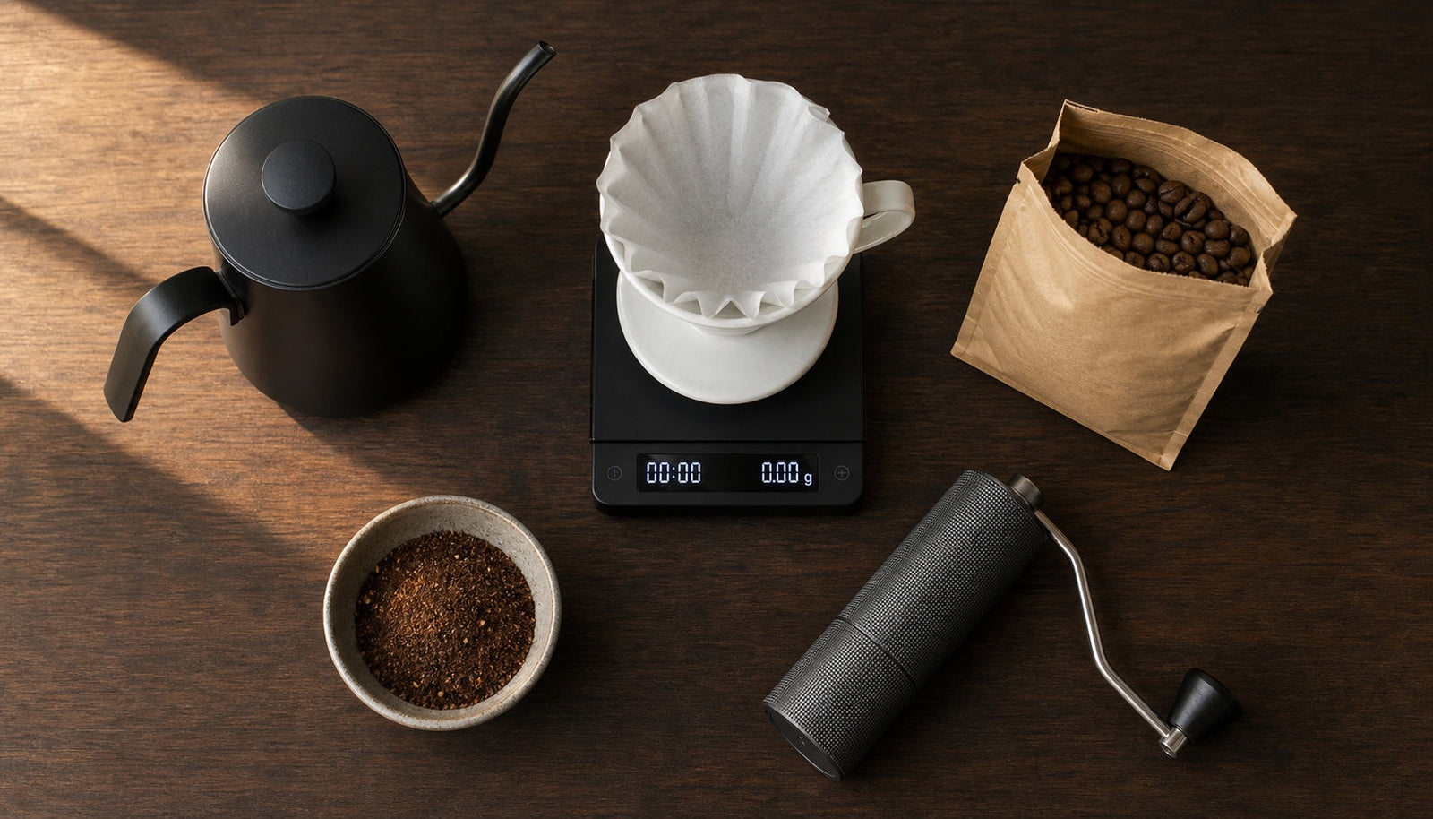 Coffee brewing equipment flat lay including gooseneck kettle, scale, pour-over dripper, grinder, and whole bean coffee