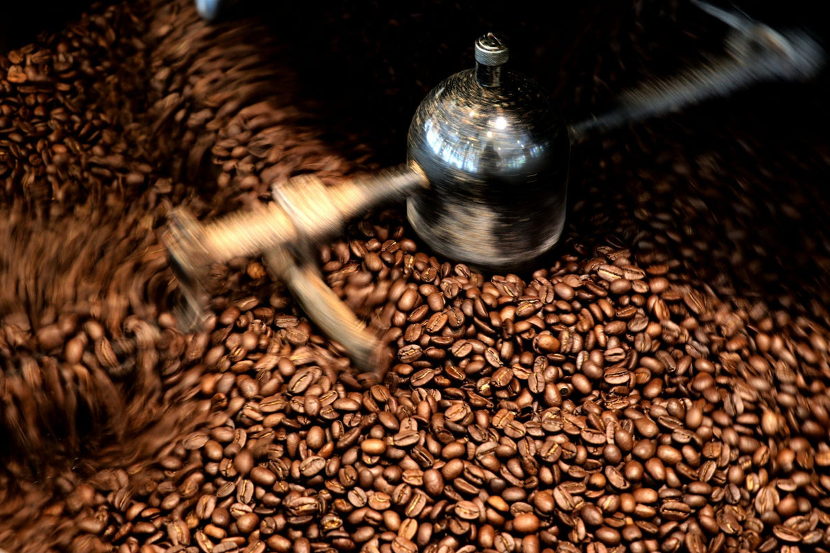 Roasted coffee beans in motion, being stirred by the stirring arm in the coffee cooling tray.
