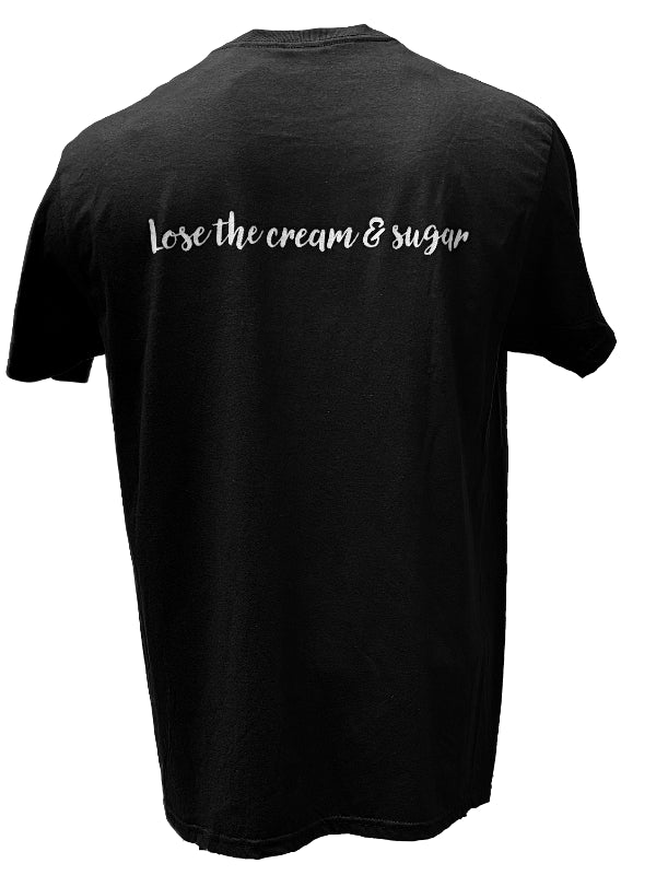 Back view of I Have a Bean 'Drink It Naked' black t-shirt on a white background