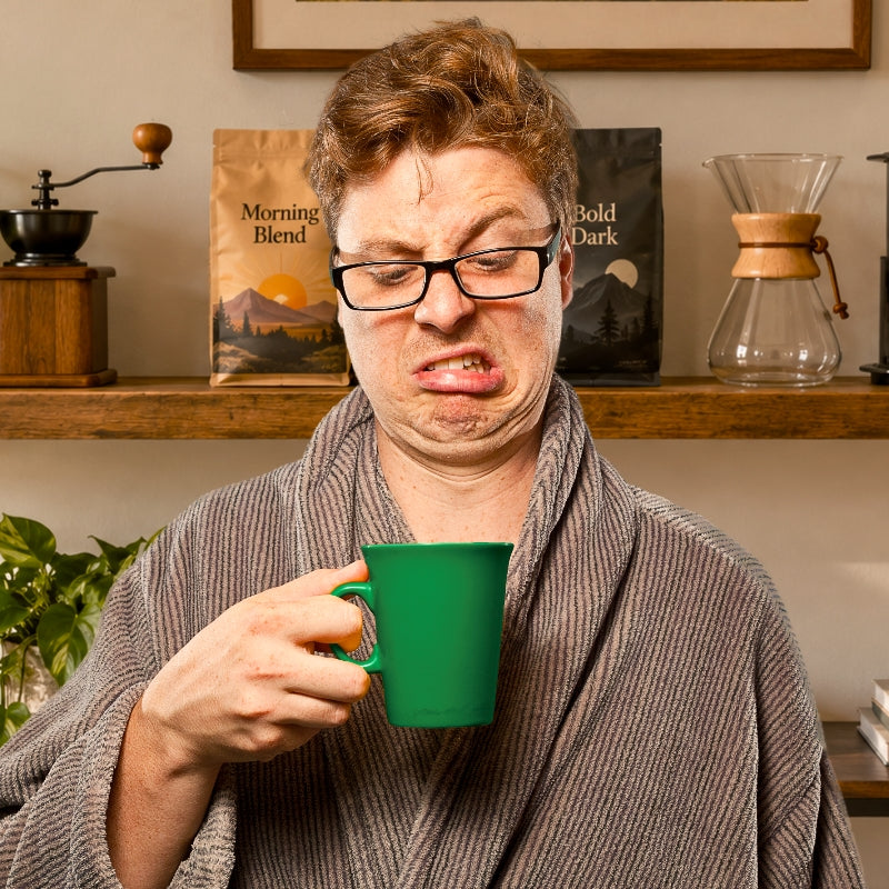 Red headed male grimaces as he stares down at a less than good cup of coffee. Behind him on a shelf sit two bags of coffee, a grinder and a chemex.
