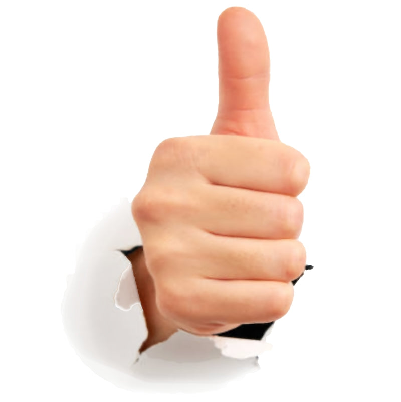 A white hand giving a thumbs up through a torn hole in a white sheet of paper