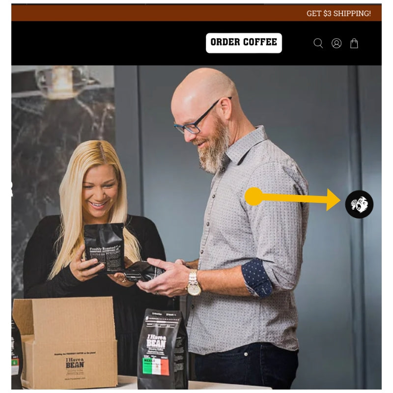 Screenshot of the home page of the I Have a Bean website with a yellow arrow pointing to the coffee ambassador button
