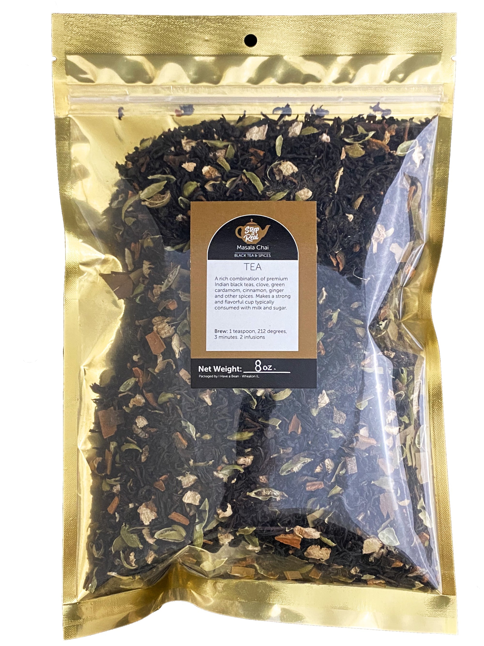Front view product shot of Masala Chai black tea bag