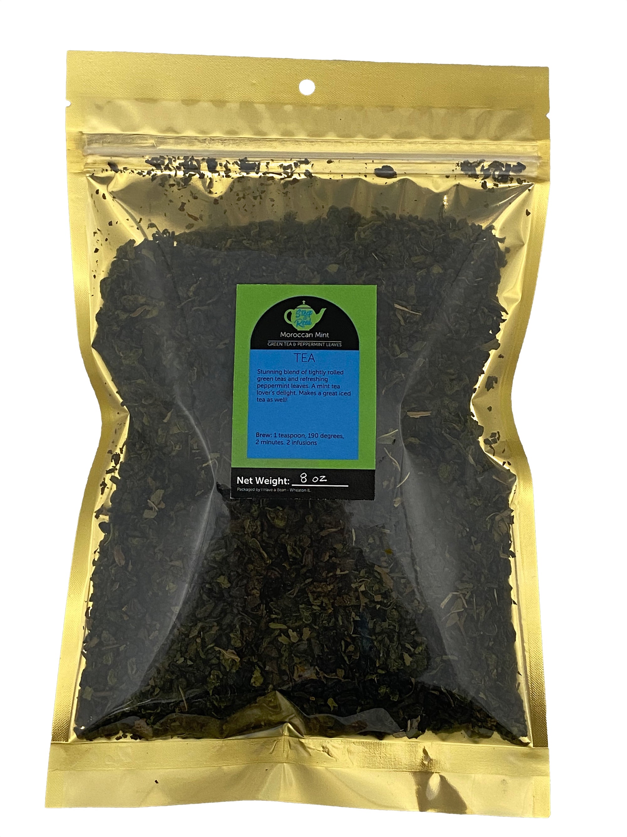 Front view product shot of Moroccan mint green tea bag