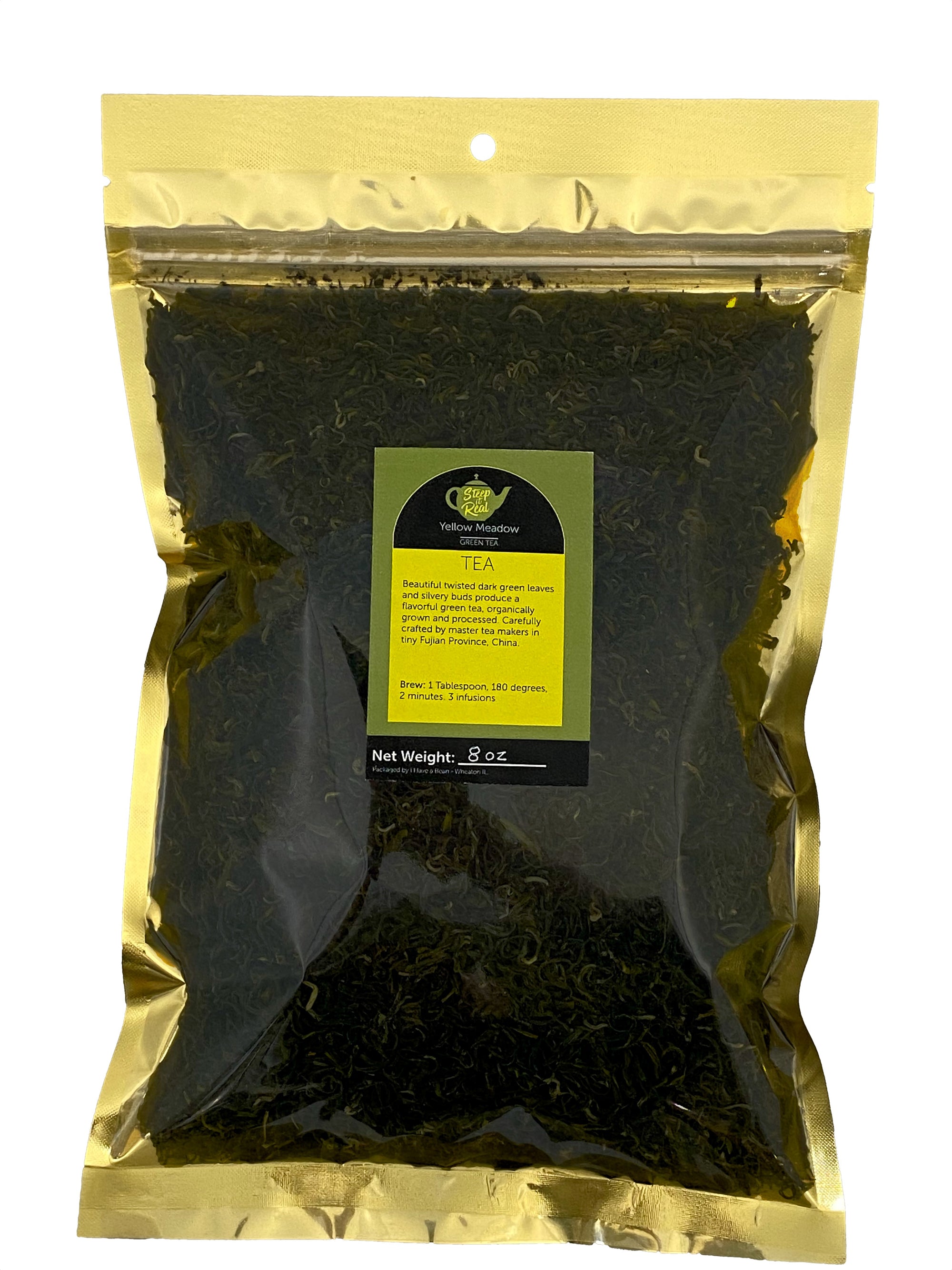 Front view product shot of Yellow Meadow green tea bag