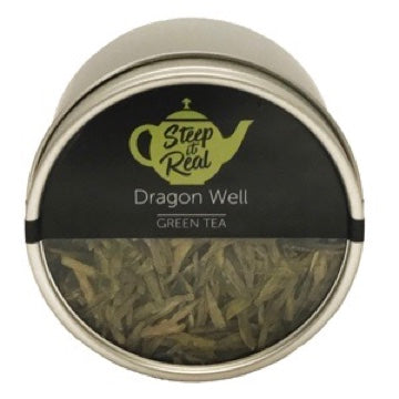 Front view product shot of Dragon Well green tea canister