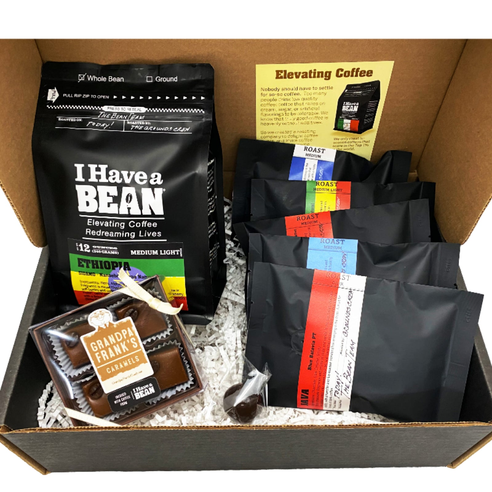 Inside of the Brew Masters Gift Box with coffee samples and caramels