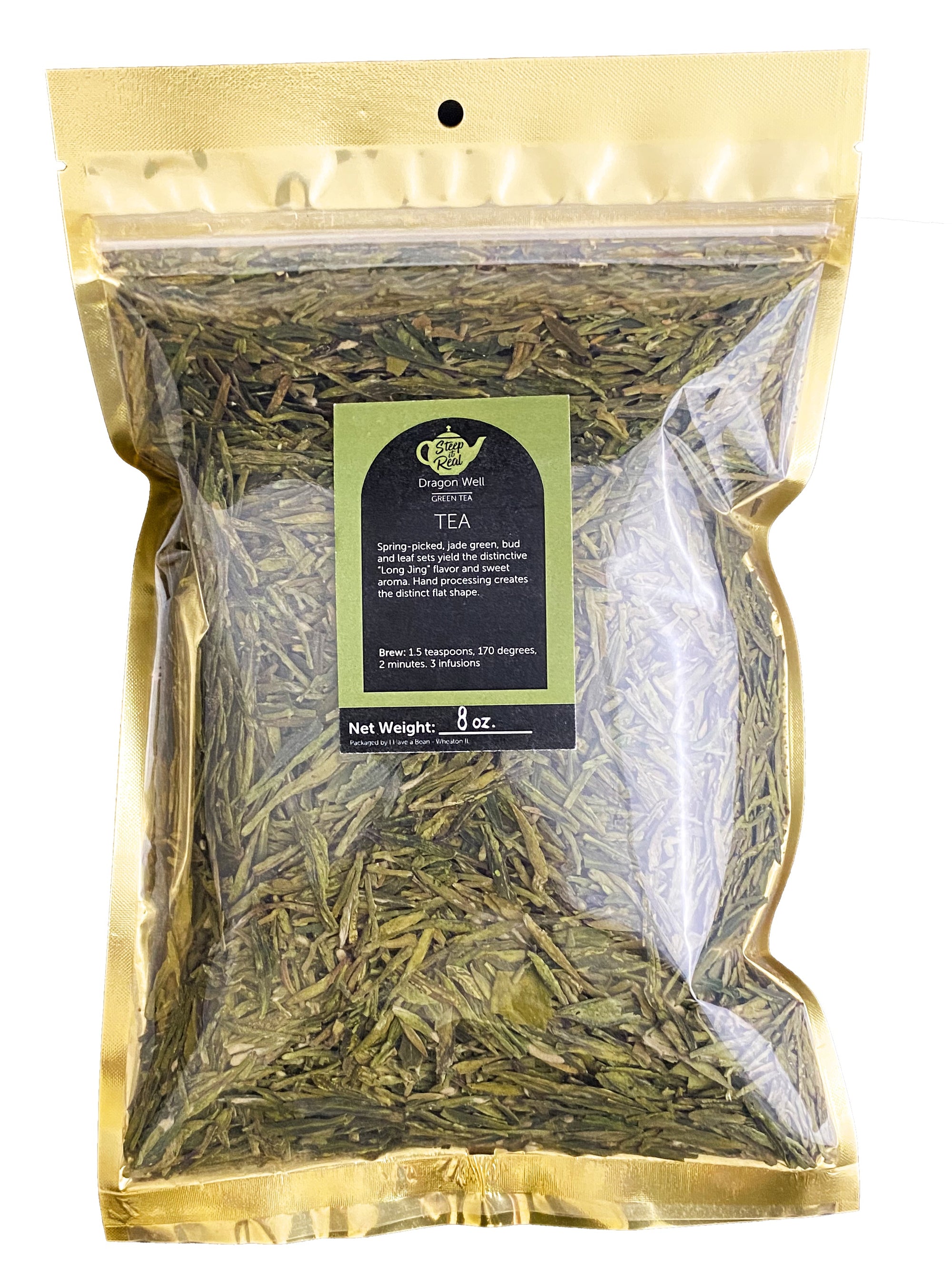 Front view product shot of Dragon Well green tea bag