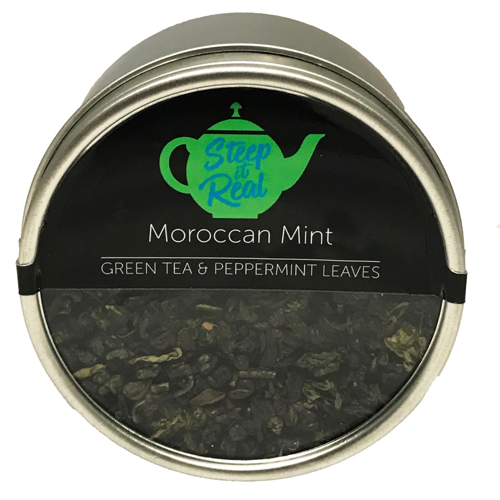 Front view product shot of Moroccan mint green tea canister