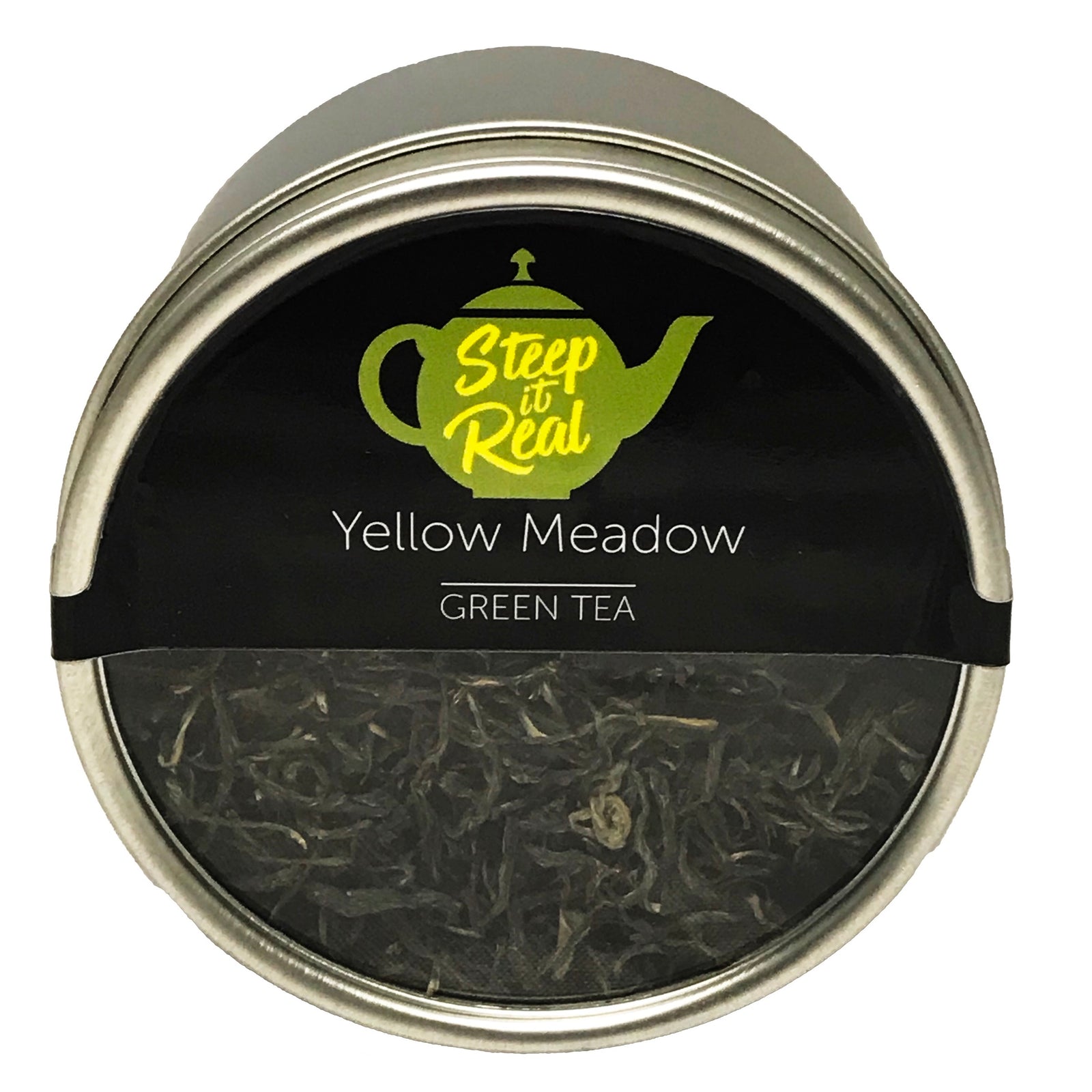 Front view product shot of Yellow Meadow green tea canister