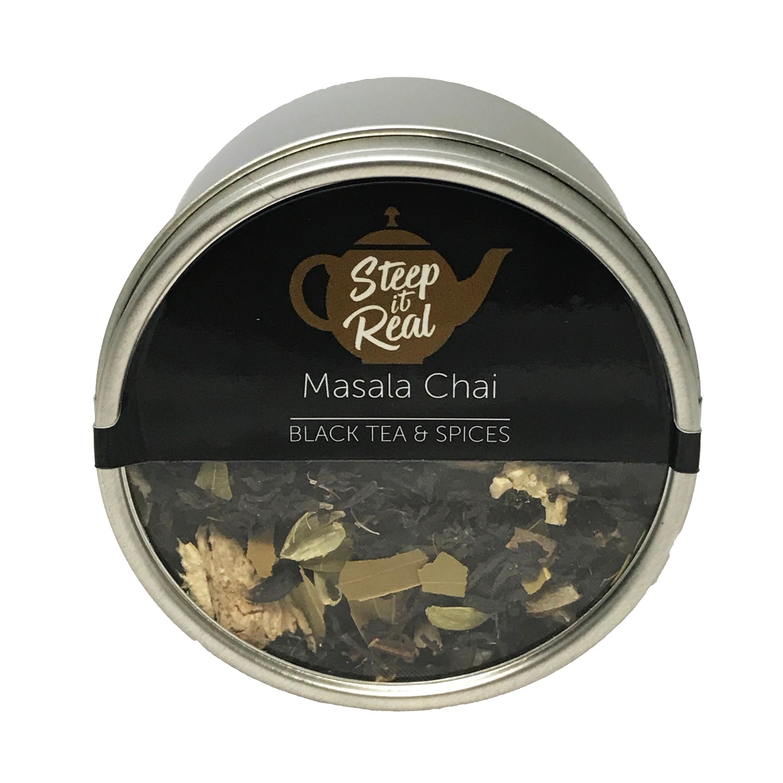 Front view product shot of Masala Chai black tea canister
