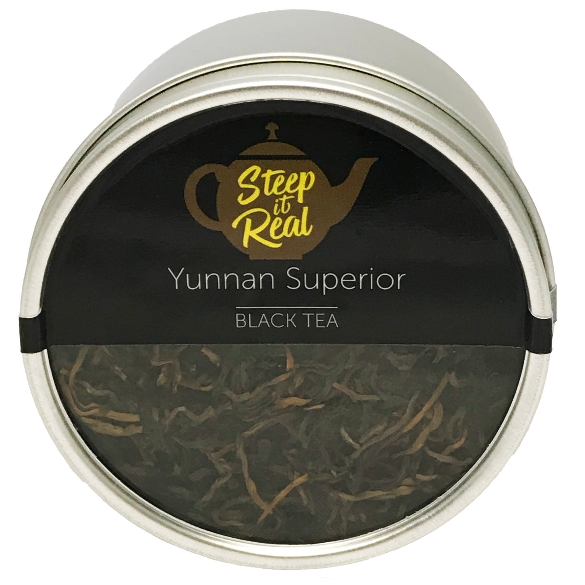 Front view product shot of Yunnan Superior black tea canister