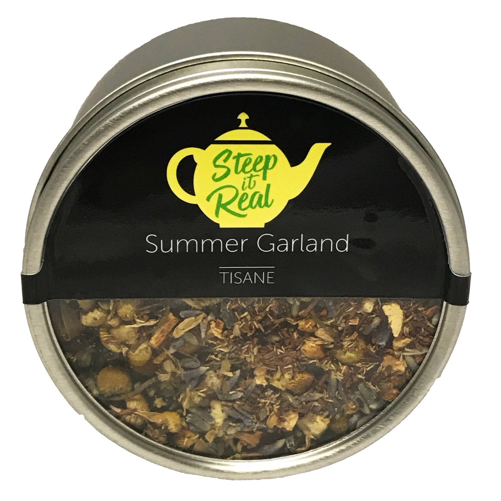 Front view product shot of Summer Garland tisane canister