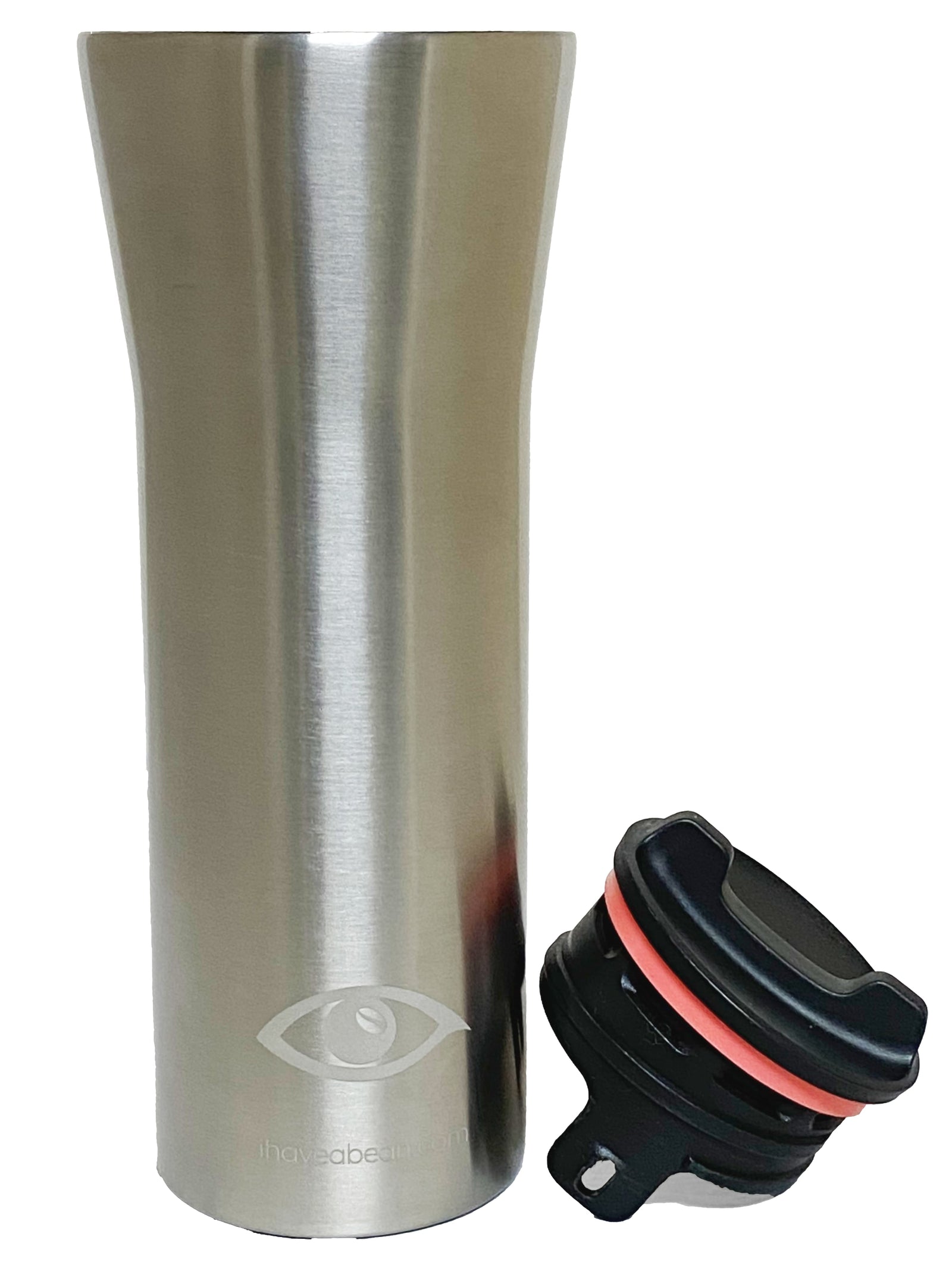 Stainless steel Pakt tumbler with a black lid, designed for travel and temperature control