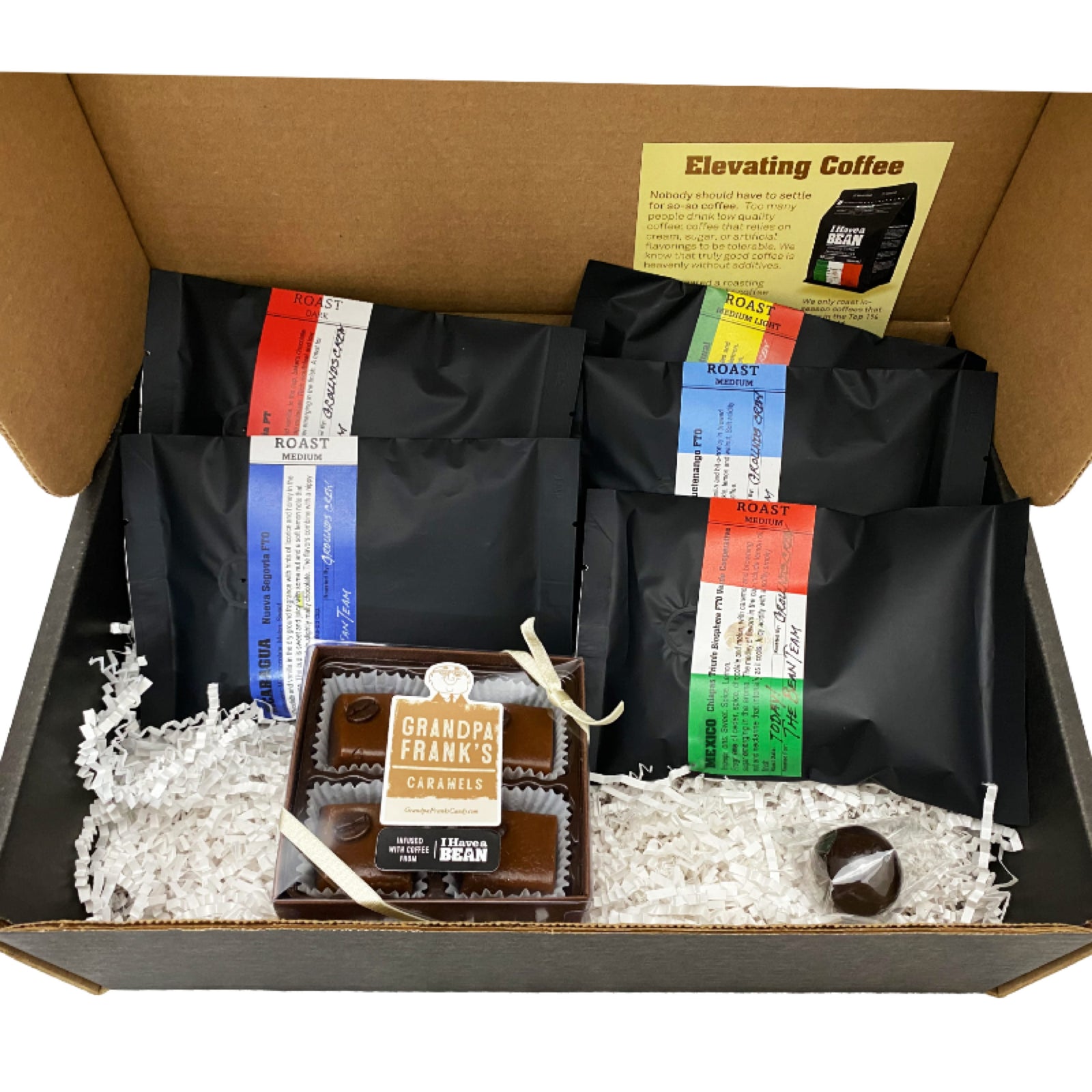 Inside of the Q-Graders Gift Box with coffee samples and caramels